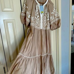 Antonio Melani tan fiesta dress with white embroidery. Cotton